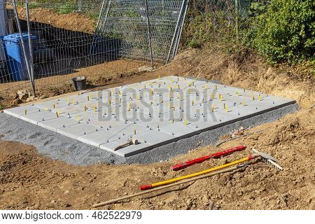 Veranda Tiles With Yellow Distance Keeper.  The Yellow Plastic Spacers Have The Function Of Keeping 