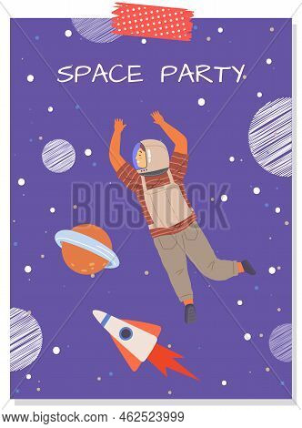 Postcards With Atronauts And Rockets. Greeting Cards Or Invitations To Party In Cosmic Style. Creati
