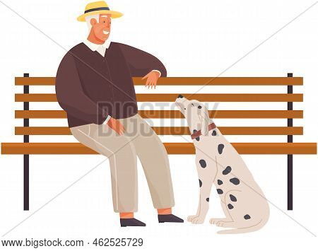 Pet Owner Sitting On Bench With Dalmatian Dog. Caring For Animals, Joint Pastime With Pets Concept. 