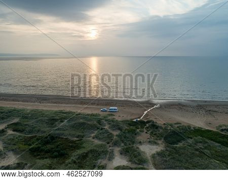 Caravan Campig Sunset Beautiful Landscape Beach Sand Dunes Near Melbystrand Laholm Sweden Coast Outd