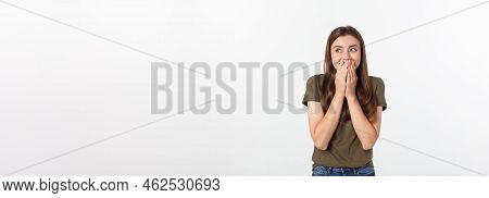 Amazement - Woman Excited Looking To The Side. Surprised Happy Young Woman Looking Sideways In Excit