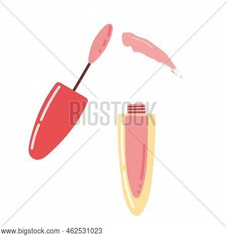 Lip Gloss Tube. Plastic Transparent Bottle. Hand Drawn Makeup Product In Cartoon Style. Vector Illus