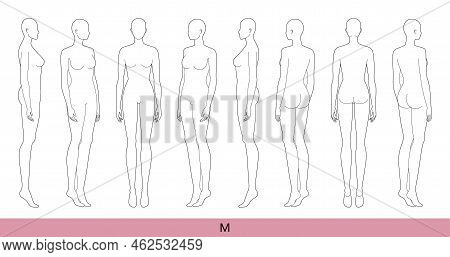 Set Of M Size Women Fashion Template 9 Nine Head Croquis Lady Model Skinny Body Figure Front, Side, 