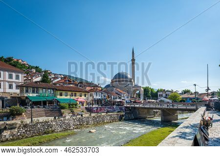 Prizren, Kosovo - June 2022: Prizren City Center View With The River, Bridge And Sinan Pasha Mosque.