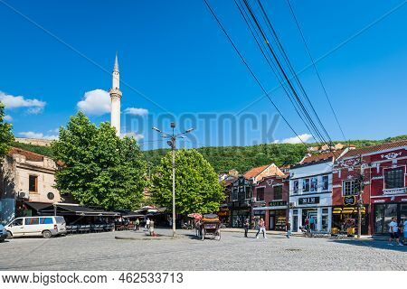 Prizren, Kosovo - June 2022: Prizren City Center View  With Shops And Restaurants.  Prizren Is A Pop