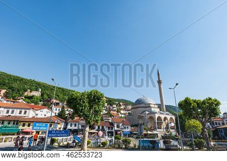 Prizren, Kosovo - June 2022: Prizren City Center View With The River, Bridge And Sinan Pasha Mosque.