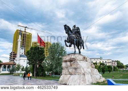 Tirana, Albania - June 2022: Skanderbeg Square Skanderbeg Statue Monument In The Center Of Downtown 