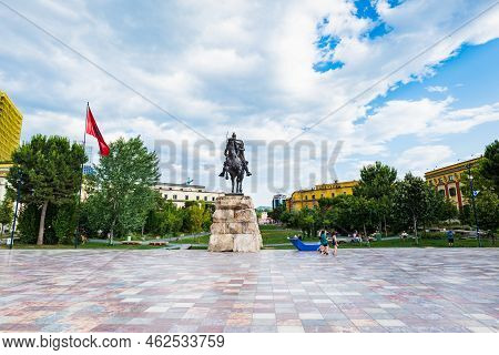 Tirana, Albania - June 2022: Skanderbeg Square Skanderbeg Statue Monument In The Center Of Downtown 