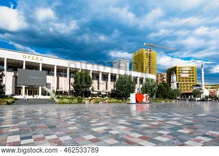 Tirana, Albania - June 2022: Skanderbeg Square Skanderbeg Statue Monument In The Center Of Downtown 