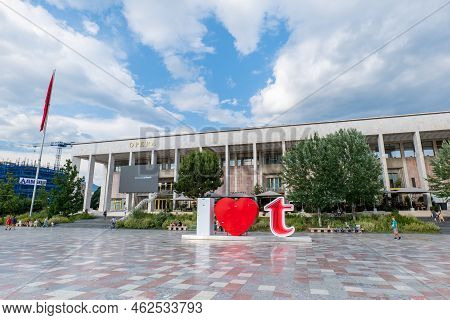 Tirana, Albania - June 2022: Skanderbeg Square Skanderbeg Statue Monument In The Center Of Downtown 