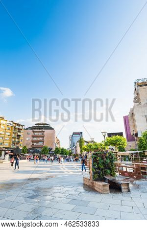 Pristina, Kosovo - June 2022: Pristina Downtown Street View In The Center. Cityscape Of The Central 