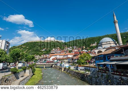 Prizren, Kosovo - June 2022: Prizren City Center View With The River, Bridge And Sinan Pasha Mosque.