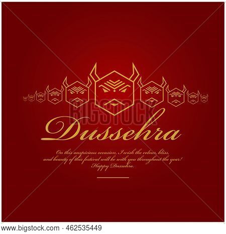 Happy Dussehra Greetings In Golden Text. Hexagon Ravan Illustration.