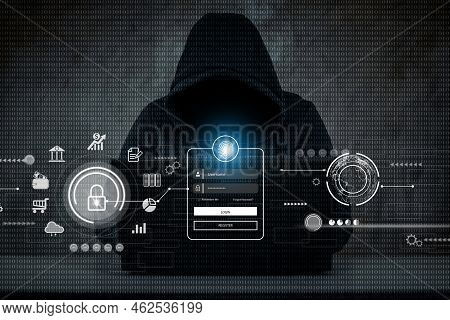 Hacker, Hacker Hacks Network, Hacker On A Dark Background. Dangerous Hooded Hacker Breaks Into Gover