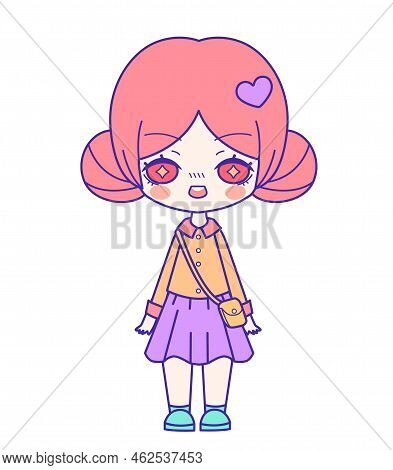 Illustration Of Isolated Cute Chibi Harajuku Fashion Girl. Japanese Style Kawaii Happy Cartoon Chara