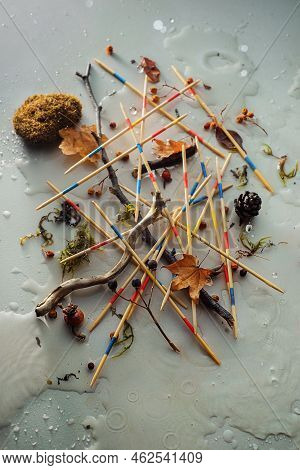 Autumn Hobby, Mikado Game With Raindrops And Leaves, Rainy Day Concept