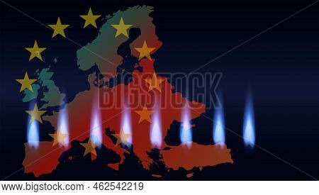 Energy Crisis Background. Red Map Of Europe On Blue Background With Blue Stars And Flames. Concept O