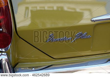 Monte Carlo, Monaco - 09 27 2022 : Vanden Plas Princess 1300 Green Vintage Classic Car Logo Brand An