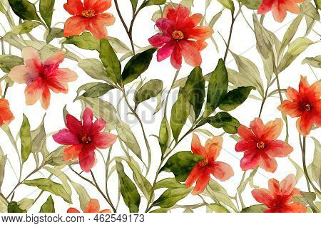 Branch, Flowers Watercolor Painting On A White Background ,