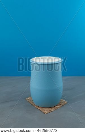 Turkish Drink Ayran Or Kefir In A Blue Ceramic Jug. Fermented Milk Drink.  Diet Drink For Weight Los