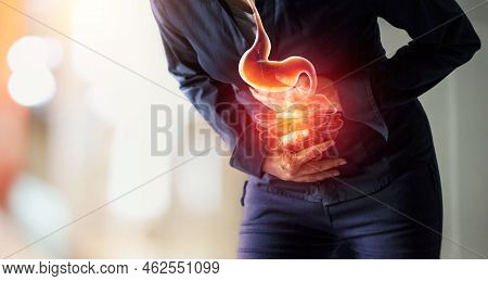 Business Woman Touching Stomach Painful Suffering From Stomachache Causes Of Menstruation Period, Ga