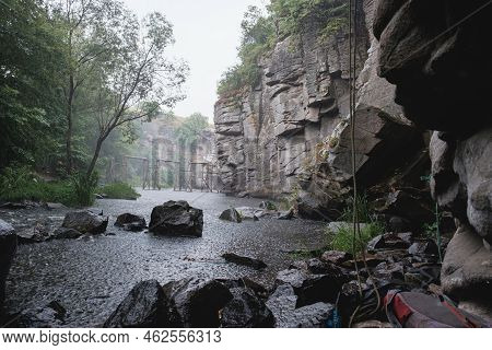 Climbing Area Buksky Canyon, Rain On The Gorsky Tikich River Near High Granite Rocks, Cherkasy Regio