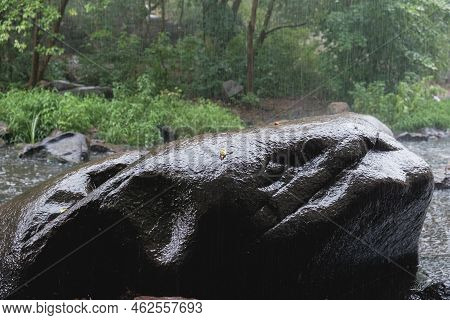 Rain On The River Gorsky Tikich Rocky Banks Near High Granite Rocks. Buksky Canyon, Cherkasy Region