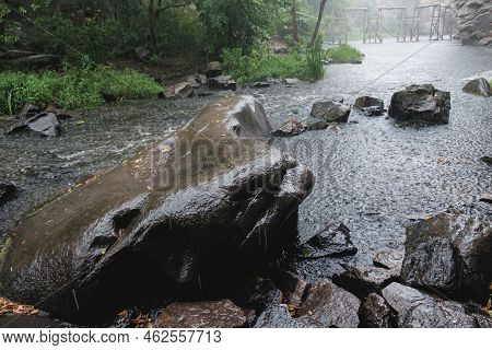 Rain On The River Gorsky Tikich Rocky Banks Near High Granite Rocks. Buksky Canyon, Cherkasy Region