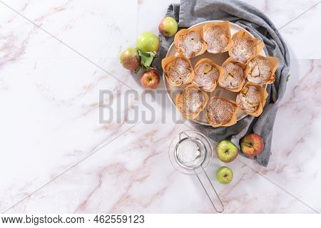 Flat Lay. Freshly Baked Apple Sharlotka Muffin Dusted With Powdered Sugar On A White Plate.