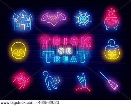 Trick Or Treat Neon Promotion. Bright Icons Collection. Pumpkin. Skull And Spider. Happy Halloween C