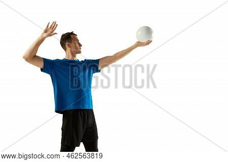 Dynamic Portrait Of Male Volleyball Player Training With Ball Isolated On White Studio Background. S