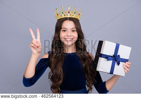 Teenager Kid With Present Box. Teen Girl Princess In Crown Giving Birthday Gift. Present, Greeting A