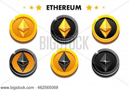 Gold And Black Colors Ethereum Coins. Cryptocurrency, Ethereum Internet Currency Of The Future