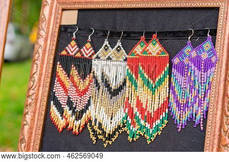 Colorful Beaded Earrings In Boho Style - Handmade Folk Style Jewelry At Souvenir Stall, Flea Market 