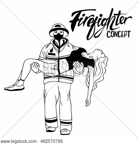 Firefighter, Rescuer Carries An Unconscious Girl In His Arms, Rescues Person From Trouble, An Emerge