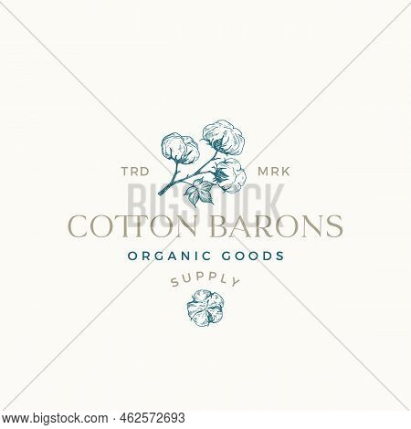 Cotton Purveyors Logo Template. Hand Drawn Cotton Branch With Flowers Sketch With Retro Typography. 