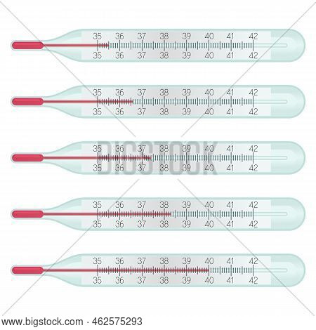 Glass Mercury Thermometers With Different Temperature Measurent On Celcius Scale, 36.6 Degrees. Cold
