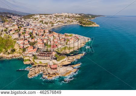 Amazing View On Ulcinj Town In Montenegro. Clock Tower Of Ulcinj Sahat Kulla. Lami Mosque. Ulcinj Is