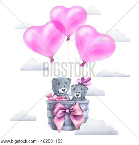 Cute, Gray Teddy Bears, A Girl And A Boy In A Wicker Basket With A Bow, Fly On Balloons, Shape Of He