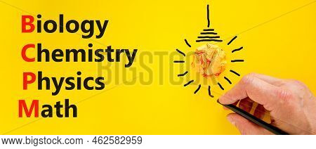 Bcpm Biology Chemistry Physics Math Symbol. Concept Words Bcpm Biology Chemistry Physics Math On Yel