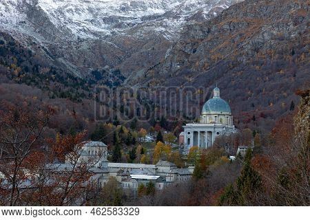 Beautiful View On Oropa Sanctuary From Alps Ina Beautiful Autumn Day. Oropa, Biella, Italy