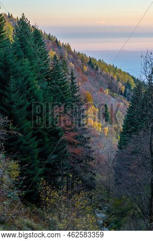 Beautiful View On Oropa Sanctuary From Alps Ina Beautiful Autumn Day. Oropa, Biella, Italy