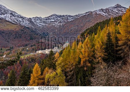 Beautiful View On Oropa Sanctuary From Alps Ina Beautiful Autumn Day. Oropa, Biella, Italy