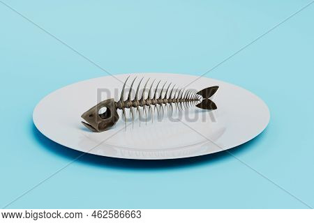 Only The Bones Remained Of The Fish. Fish Skeleton On A White Plate. 3d Render.