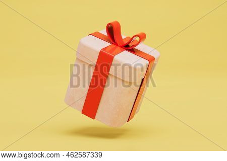 The Concept Of Receiving Gifts. A Large Gift Box With A Red Bow On A Yellow Background. 3d Render.