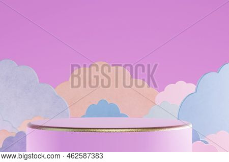 A Podium For Placing Goods Or Text On A Purple Background With Multi-colored Clouds. Copy Paste, Cop