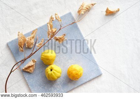 Colorful Autumn Pattern With Yellow Quince Fruits On Blue Ceramic Tile. Seasonal Fall Still Life Arr