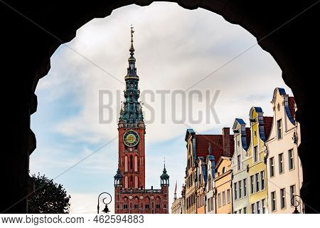Town Hall Tower And Main Pedestrian Street In The Old City Center Of Gdansk, Poland.