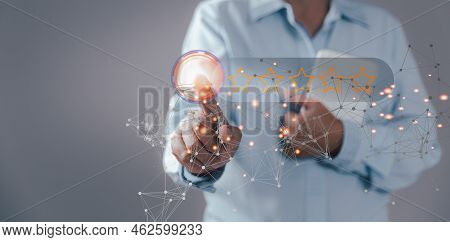 Customer Service And Satisfaction Concept, Online Customer Reviews With Technology. Business People 