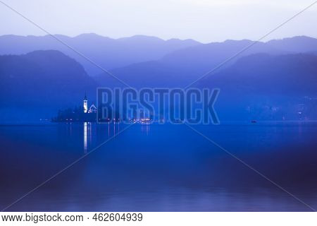 Lake Bled Slovenia. Mountain Lake With Small Pilgrimage Church. Most Famous Slovenian Lake And Islan